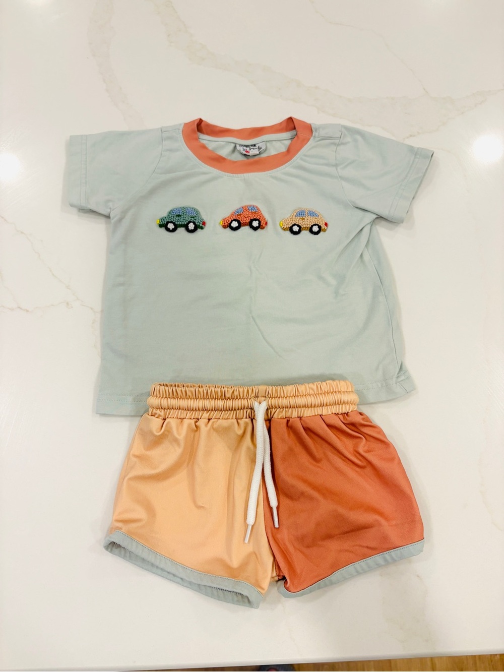 Carolina Smock Co. Kids Short Set with Car Applique - Light Green & Peach 18mo.